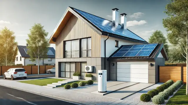 Modernes Haus mit Photovoltaikanlage und Wärmepumpe für nachhaltiges Heizen mit Strom